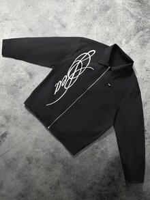 Manfinity Roghcode 男士休閒街頭復古時尚印花萬聖節長袖夾克 - 黑色 - 查看 3