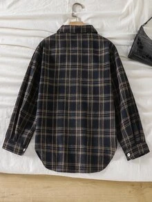 SHEIN 1件女童復古學院風領口格紋襯衫，休閒校園通勤旅行穿搭，春秋款，黑黃格紋單排扣長袖女式襯衫 - 粉色 - 查看 2