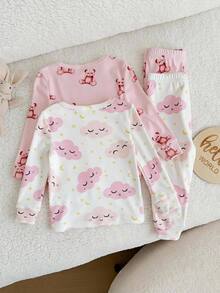 Cozy Pixies 2套甜美卡通雲朵與熊圖案女嬰貼身居家服 - 粉色 - 查看 2