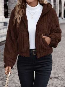 SHEIN Frenchy جاكيت فلانيل بقلنسوة وأكتاف منسدلة وسحاب للخريف/الشتاء كاجوال - بني - مشاهدة 4