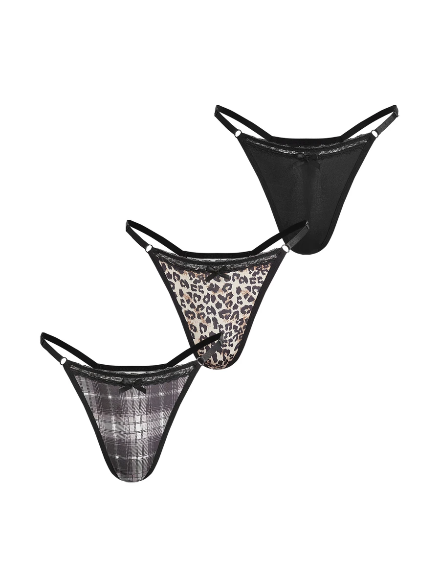 AltBold Women's Lace Patchwork Printed Comfortable Thong Panties 3-Pack - Multicolor - View 1