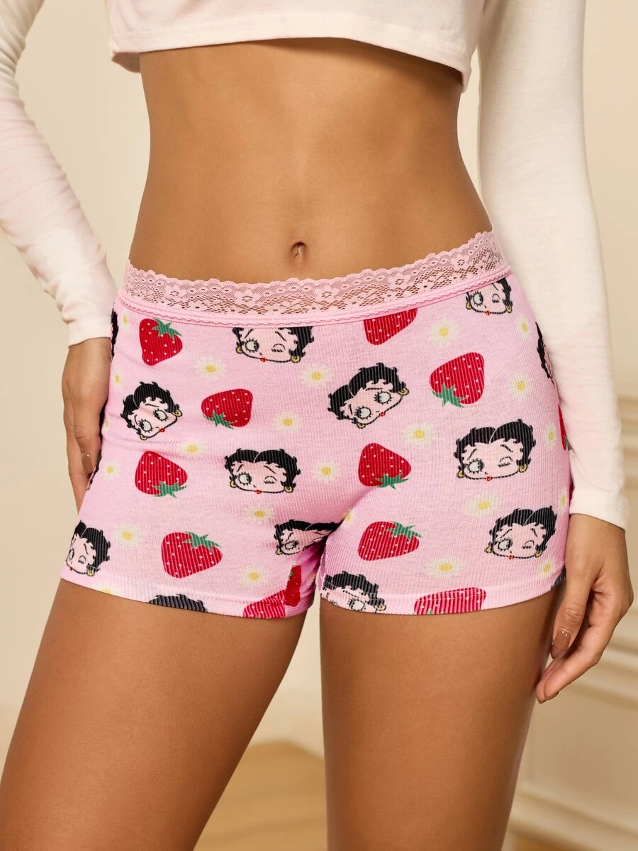 Betty Boop x SHEIN Women's Lace Patchwork Cartoon Print Casual Daily Hipster Panties - Pink - View 1