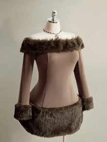 SHEIN ICON فستان نسائي مقاس كبير مكشوف الكتف من الفرو الصناعي - بني - مشاهدة 5