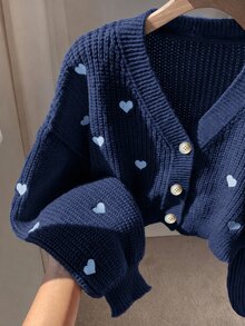 Comfortcana Women's Casual Heart Embroidered Cardigan, Autumn/Winter - Navy Blue - View 3