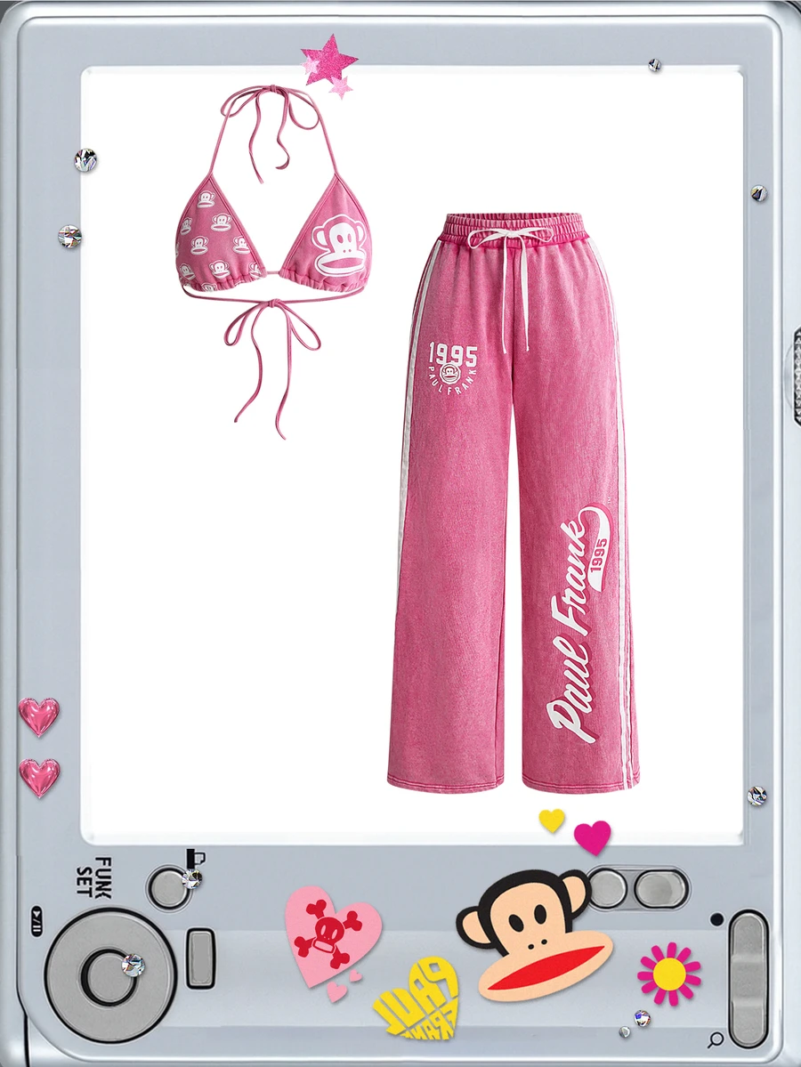 Paul Frank X ROMWE Distressed Wash Print Bikini Tank Top And Casual Loose Sweatpants 2 Pieces Set For Women, Autumn/Winter - Hot Pink - View 1