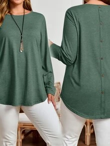 EMERY ROSE Plus Size Fall Women Solid Round Neck Long Sleeve Casual T-Shirt,Spring/Summer/Vacation - Dark Green - View 7