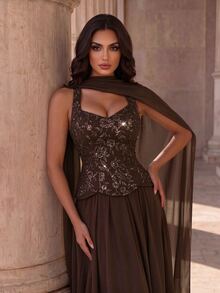 Coutiva Women's Sequin Patchwork Chiffon Halter Neck Long Formal Evening Gown (Heavy Workmanship Style) - Brown - View 7