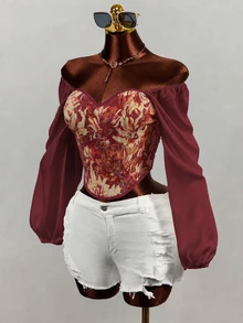 Mistrie Retro Oil Painting Floral Open Shoulder Fitted Top With A Waistband, One Shoulder Bubble Long Sleeves That Fit Snugly And Flatter The Figure, Se - Burgundy - View 5