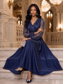 Fleurora Women's Elegant Sequin Satin V-Neck Dress - Navy Blue - View 5