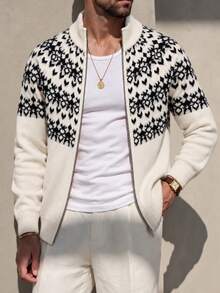 Manfinity Homme Men's Jacquard Zipper Long Sleeve Knit Cardigan - Multicolor - View 3
