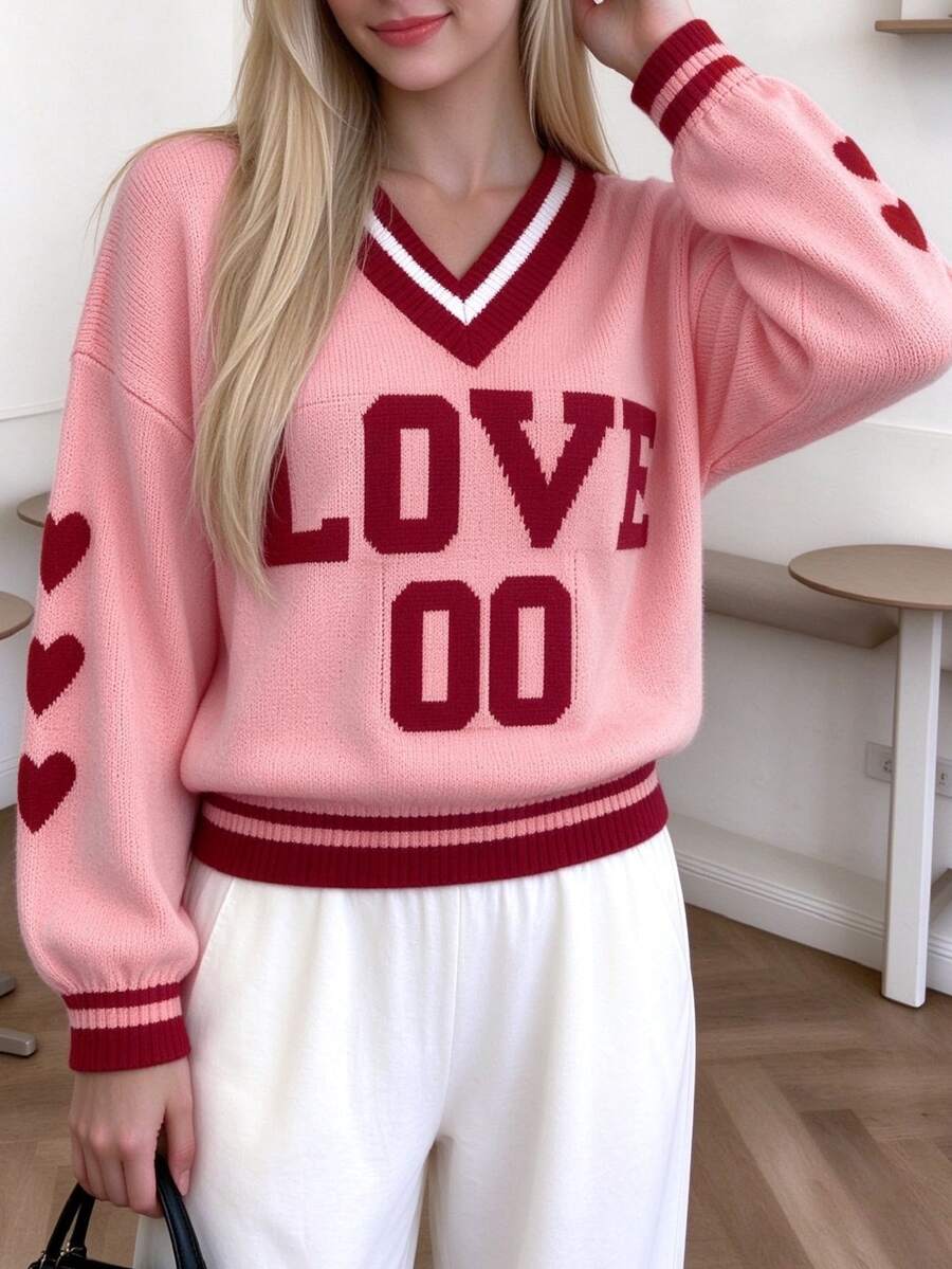 TaskSense Valentine's Day Pink Heart Striped V-Neck Drop Shoulder Long Sleeve Casual Sweater Autumn - Pink - View 1