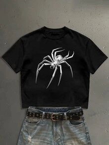 StoneGrade Kaos Pria Lengan Pendek Longgar Model Crop Hitam Ukuran Standar Gaya Avant-Garde Retro Amerika dengan Motif Laba-laba Logam - Hitam - View 1