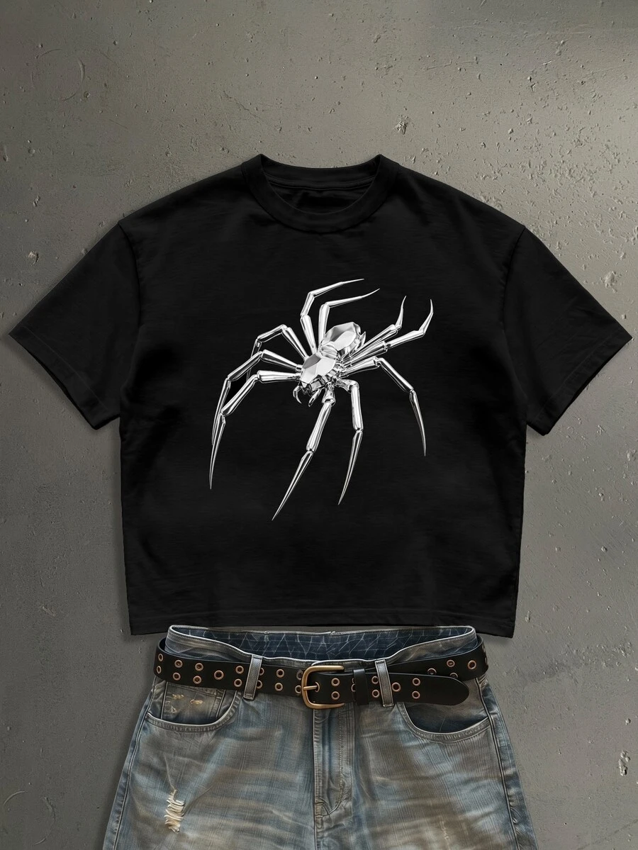 StoneGrade Kaos Pria Lengan Pendek Longgar Model Crop Hitam Ukuran Standar Gaya Avant-Garde Retro Amerika dengan Motif Laba-laba Logam - Hitam - View 1
