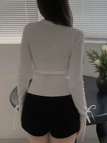 DAZY Solid Color Slim Fit Drawstring Tie Elegant Vacation Korean Style Autumn/Winter Women's Cardigan - White - View 5