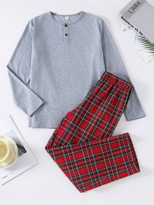 SHEIN 青少年男孩半開襟鈕扣長袖上衣與格紋長褲居家休閒套裝 - 彩色 - 查看 9