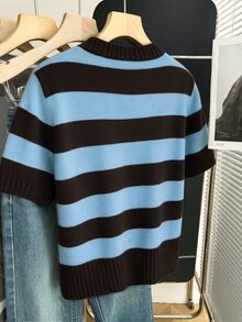 Franclia 新款春夏韓系簡約休閒寬鬆條紋拼接女款針織上衣 - 棕色 - 查看 2