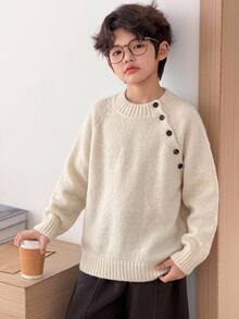 Dazy Kids 青少年男孩不對稱鈕扣長袖休閒毛衣 - 米色 - 查看 6