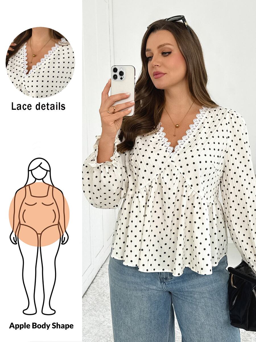 Shapeblank Blus Fashion Lengan Panjang Wanita Ukuran Plus dengan Detail Renda Kontras, Leher V, dan Motif Polkadot - Putih - View 1