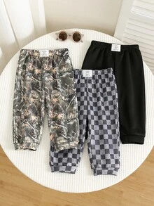 SHEIN 3件組男嬰秋冬裝飾編織標籤鬆緊腰慢跑長褲套裝，迷彩長褲，嬰兒基本運動長褲多件組 - 彩色 - 查看 5