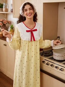 Tulorae Women's Spring/Autumn Long Sleeve Cherry Print Sweet Korean Style Pajama Set - Yellow - View 6