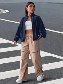 SHEIN EZwear 秋冬款落肩拉鍊夾克 - 藏蓝色 - 查看 7