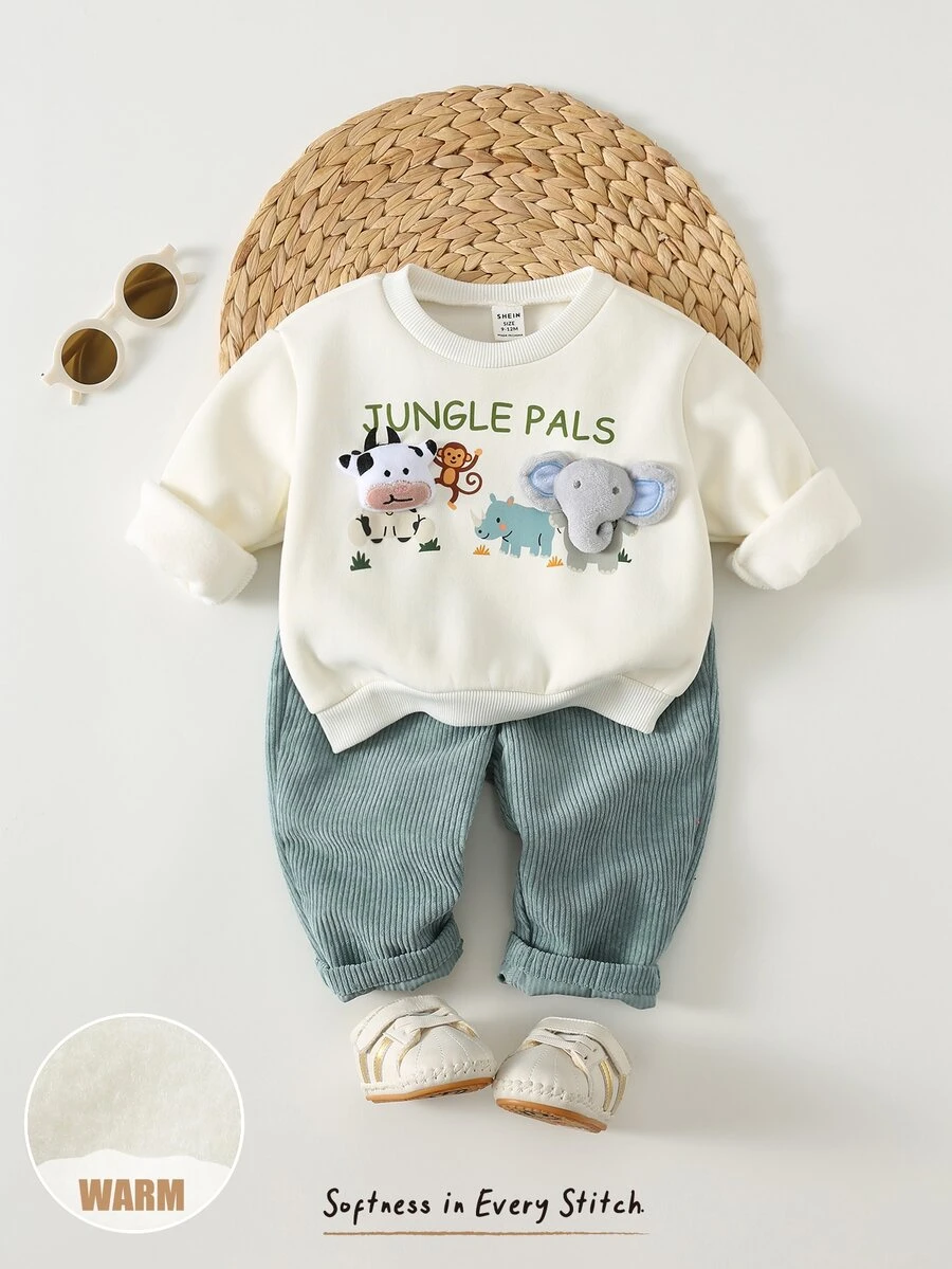 SHEIN Baby Boy 2pcs Casual Comfortable Cute Cartoon Animal Print Cow Elephant 3D Plush Decor Crew Neck Sweatshirt & Long Pants Set - Multicolor - View 1