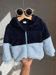 SHEIN 中性嬰兒男/女嬰秋冬保暖內裡加厚拼色拼接連帽外套，嬰兒男童秋冬服飾，復古風 - 藍色 - 查看 7