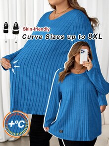 SHEIN CURVE+ 大尺碼女款字母印花拼接設計 T-shirt 藍綠色 秋季 - 寶藍色 - 查看 10