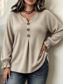 Linhara CURVE Plus Size Ribbed Long Sleeve T-Shirt, Notched V Neck Wooden Button Flare Cuff Casual Top - Apricot - View 5