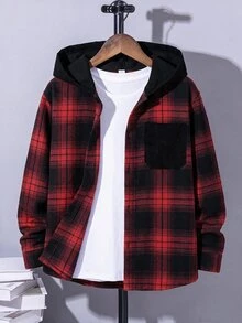 SHEIN 青少年男孩秋季新款連帽格紋帽，兒童時尚復古黑紅格紋長袖開襟上衣，寬鬆連帽口袋設計夾克，春秋休閒多功能外套 - 彩色 - 查看 1
