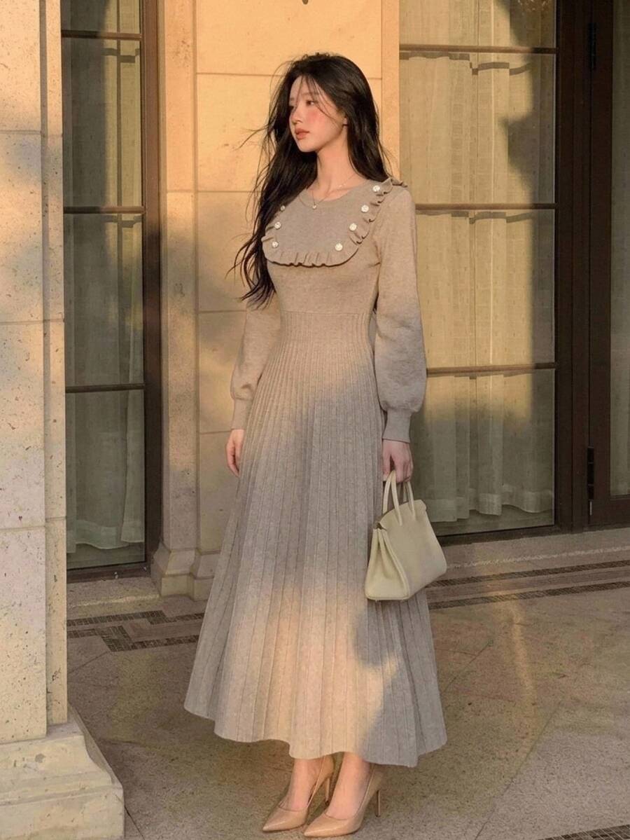 DAZY فستان كنزة نسائي عتيق بأزرار وحافة مكشكشة - كاكي - مشاهدة 1