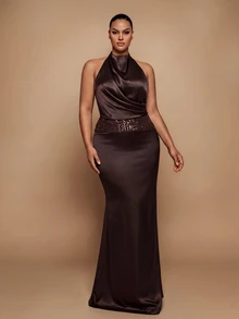 Glamrae Plus Size Elegant Romantic Halter Neck Luxury Beaded Lace Patchwork Satin Fitted Bodycon Mermaid Hem Evening Gown For Wedding Party Celebration Formal Event Dinner (Heavy Workmanship Design) - Coffee Brown - View 5