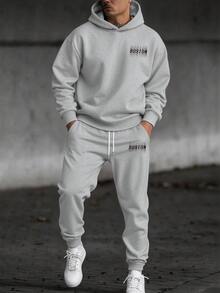 Manfinity Homme 男士麻灰色波士頓字母印花連帽衫與慢跑褲2件套，休閒街頭風復古運動裝，適合度假、假期、外出、聚會、演唱會 - 灰色 - 查看 2