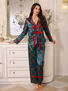 LuxeNights Vintage Red Ribbon Bow Print Loungewear, Playful Ruffle Trim Long Sleeve Pajama Set - Army Green - View 4