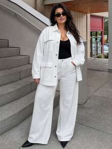 Dazy Plus Long Sleeve Single-Breasted Multi-Pocket Denim Jacket & Wide Leg Denim Jeans Casual Set, Daily Autumn Outfit - White - View 6