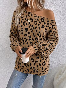 EMERY ROSE Women's Leopard Print One Shoulder Long Sleeve Sweater, Autumn/Winter - Multicolor - View 3
