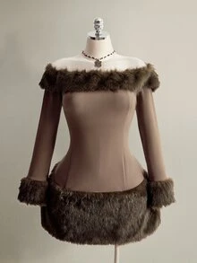 SHEIN ICON فستان نسائي مقاس كبير مكشوف الكتف من الفرو الصناعي - بني - مشاهدة 3