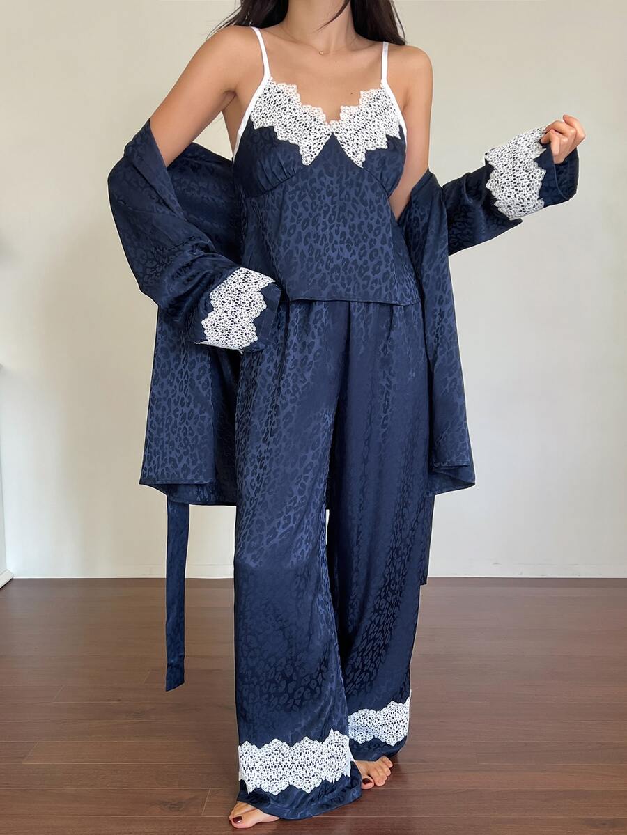 DAZY Women's Leopard Print Camisole Top And Pants With Cardigan Pajama Set - Royal Blue - View 1