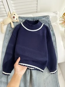 SHEIN 少女針織毛衣，蕾絲下擺高領套頭衫，舒適柔軟杏色針織上衣，甜美休閒極簡風，適合秋冬 - 寶藍色 - 查看 7