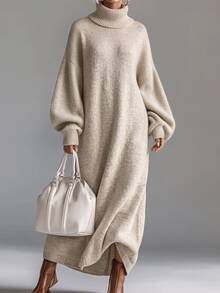 Breezaya Women's Solid Color High Neck Casual Daily Wear Knitted Dress - Grey - View 1