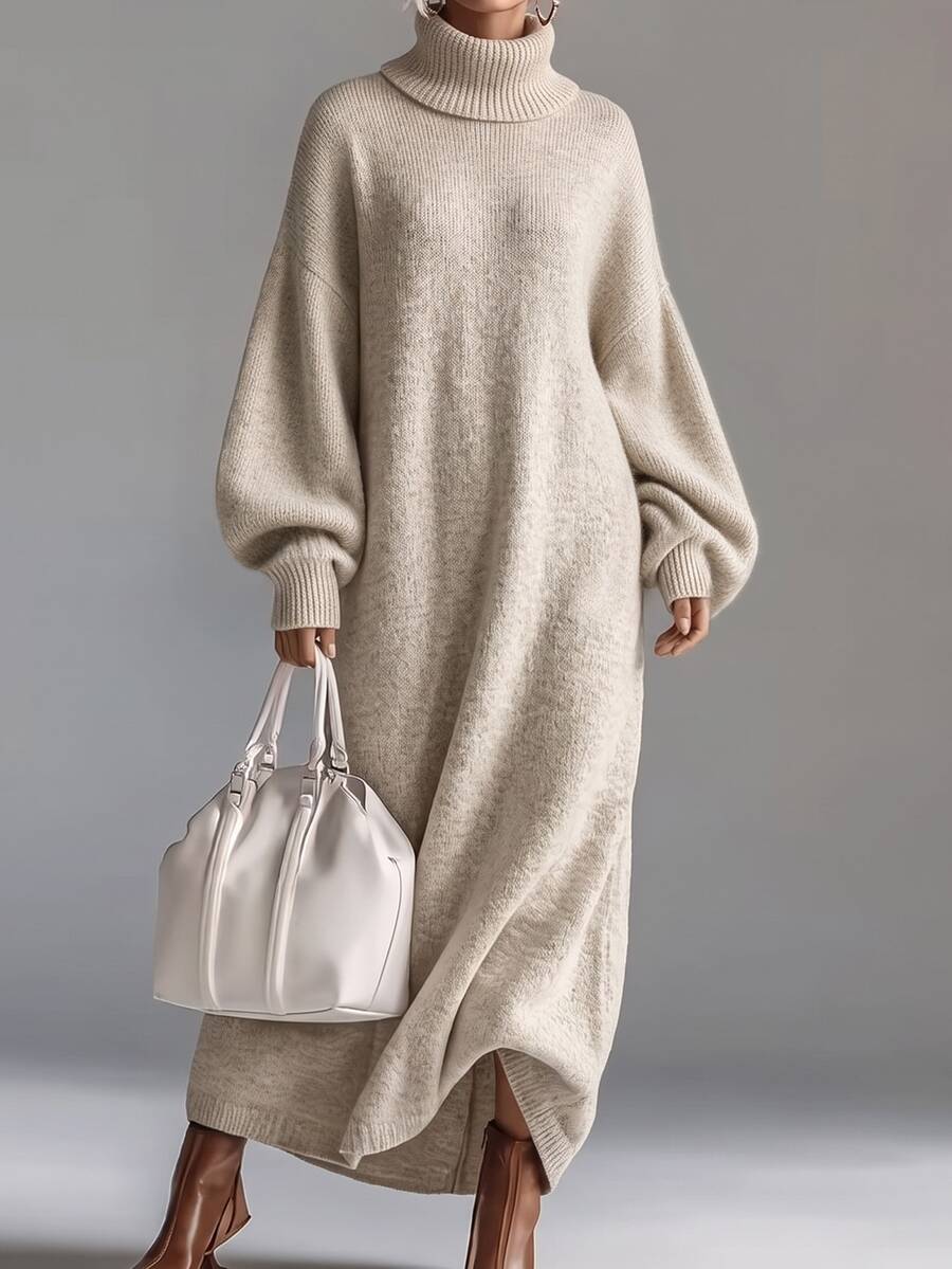 Breezaya Women's Solid Color High Neck Casual Daily Wear Knitted Dress - Grey - View 1