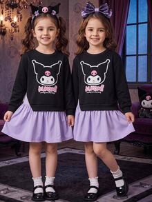 HELLO KITTY AND FRIENDS | SHEIN Gaun Patchwork Sweatshirt Leher Bulat Lucu untuk Anak Perempuan - Hitam - View 1