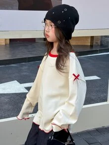 Dazy Kids Tween Girl) Colorblock Round Neck Bow Decor Long Sleeve Basic Autumn T-Shirt - Beige - View 1