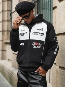 Major Grit Men's Vintage Racing Thermal Lined Jacket, Navy Blue & White Colorblock Zip-Up Loose Baseball Jacket, Suitable For Retro Streetwear And Casual Wear - Navy Blue - View 3