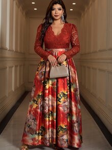 Reflora 大尺碼女款對比蕾絲V領長袖優雅休閒禮服 秋季婚禮賓客正式早午餐深綠色 - 彩色 - 查看 5