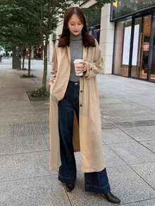 FRIFUL Women's Colorblock Casual Versatile Daily Travel Trench Coat Jacket - Khaki - View 6