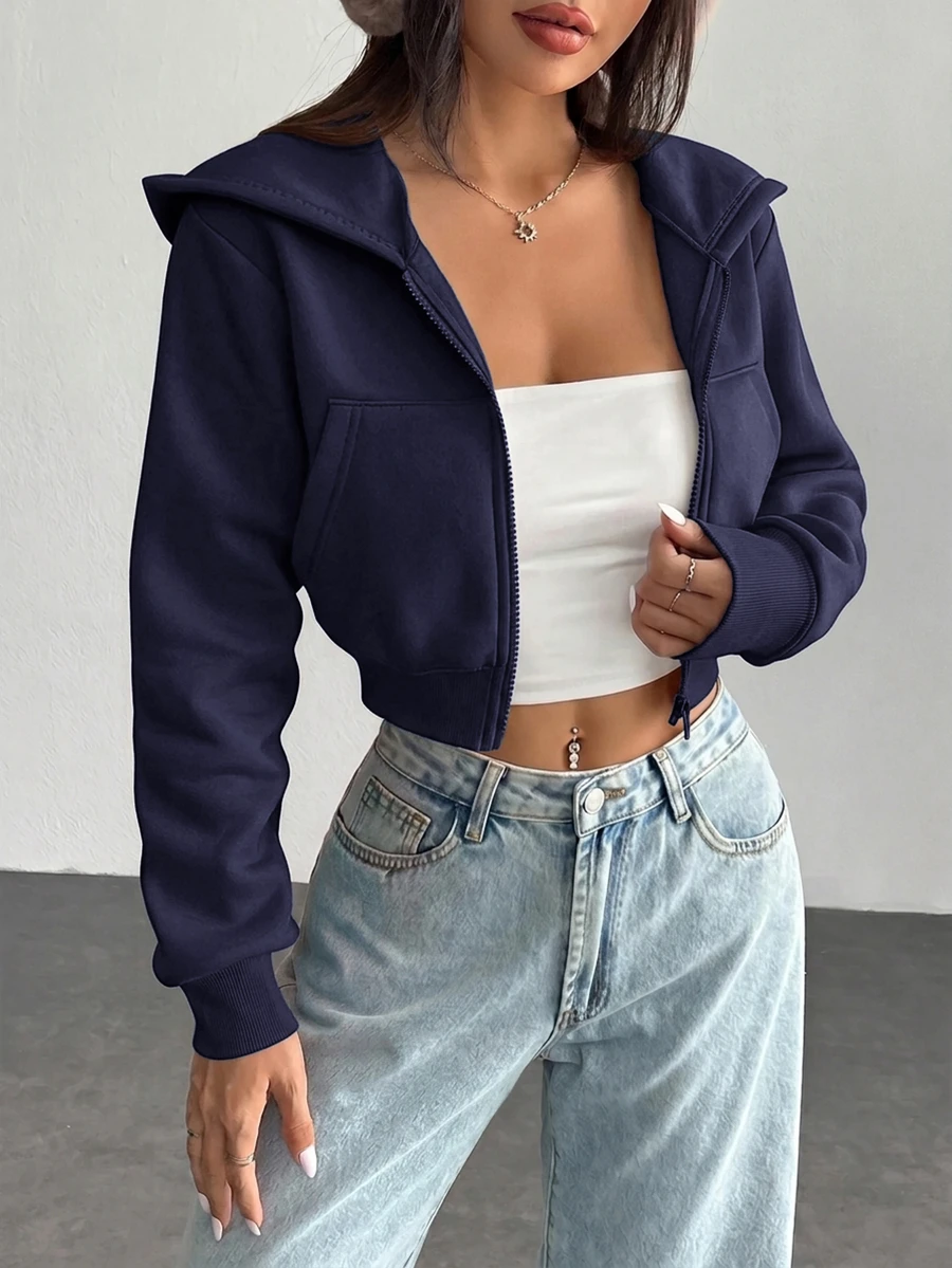 SHEIN PETITE 白色女款純色前拉鍊長袖口袋極簡連帽外套,休閒秋季日常穿著,返校教師穿搭,適合嬌小女性 - 藏蓝色 - 查看 1