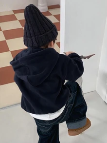 Dazy Kids 幼兒男童連帽仿羊羔絨英文刺繡運動衫 - 寶藍色 - 查看 2