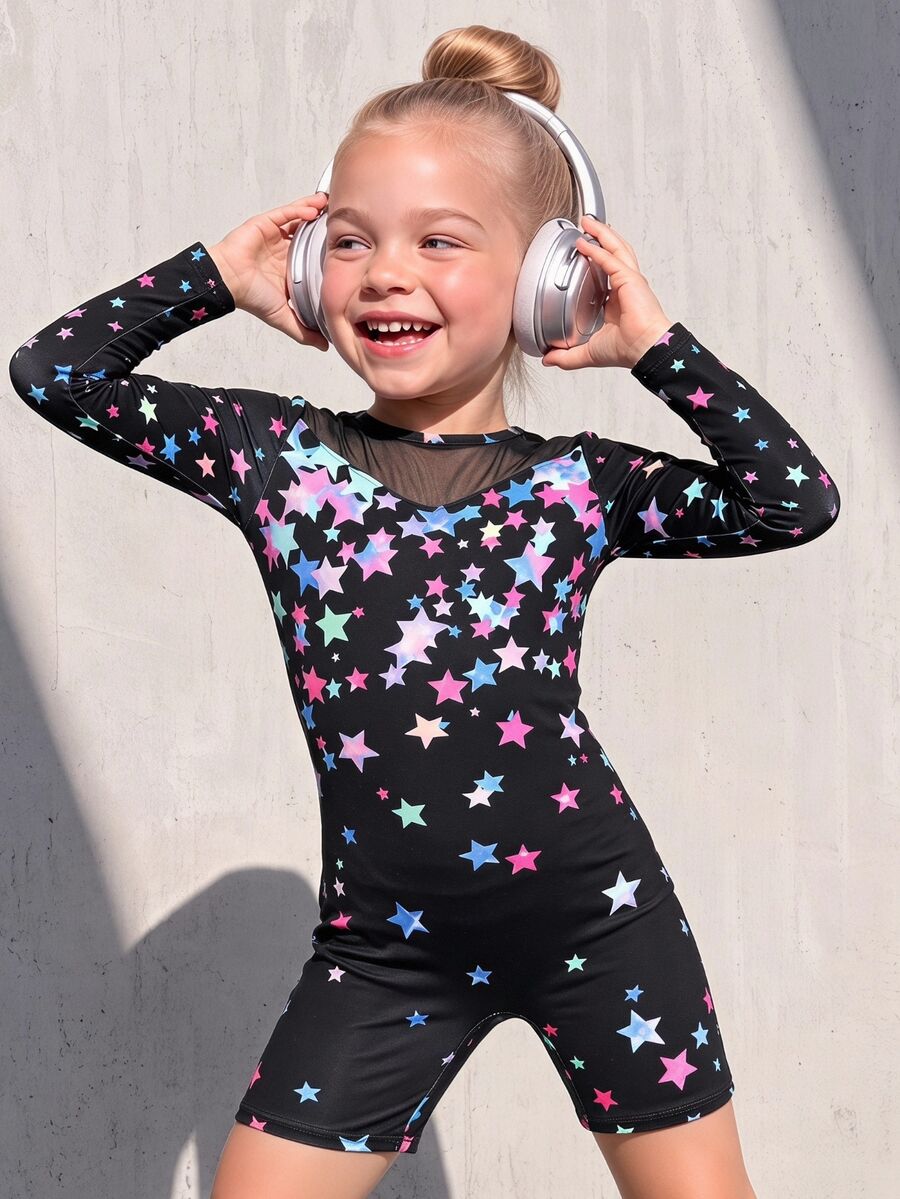Young Girl Mesh Patchwork Star Pattern Casual Daily Sports Romper - Black - View 1
