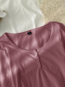 Tseoso 女款新款棉感蓮紫色 95%棉半開鈕扣 T-shirt，四季百搭，適合春秋居家穿著 - 藕粉色 - 查看 9